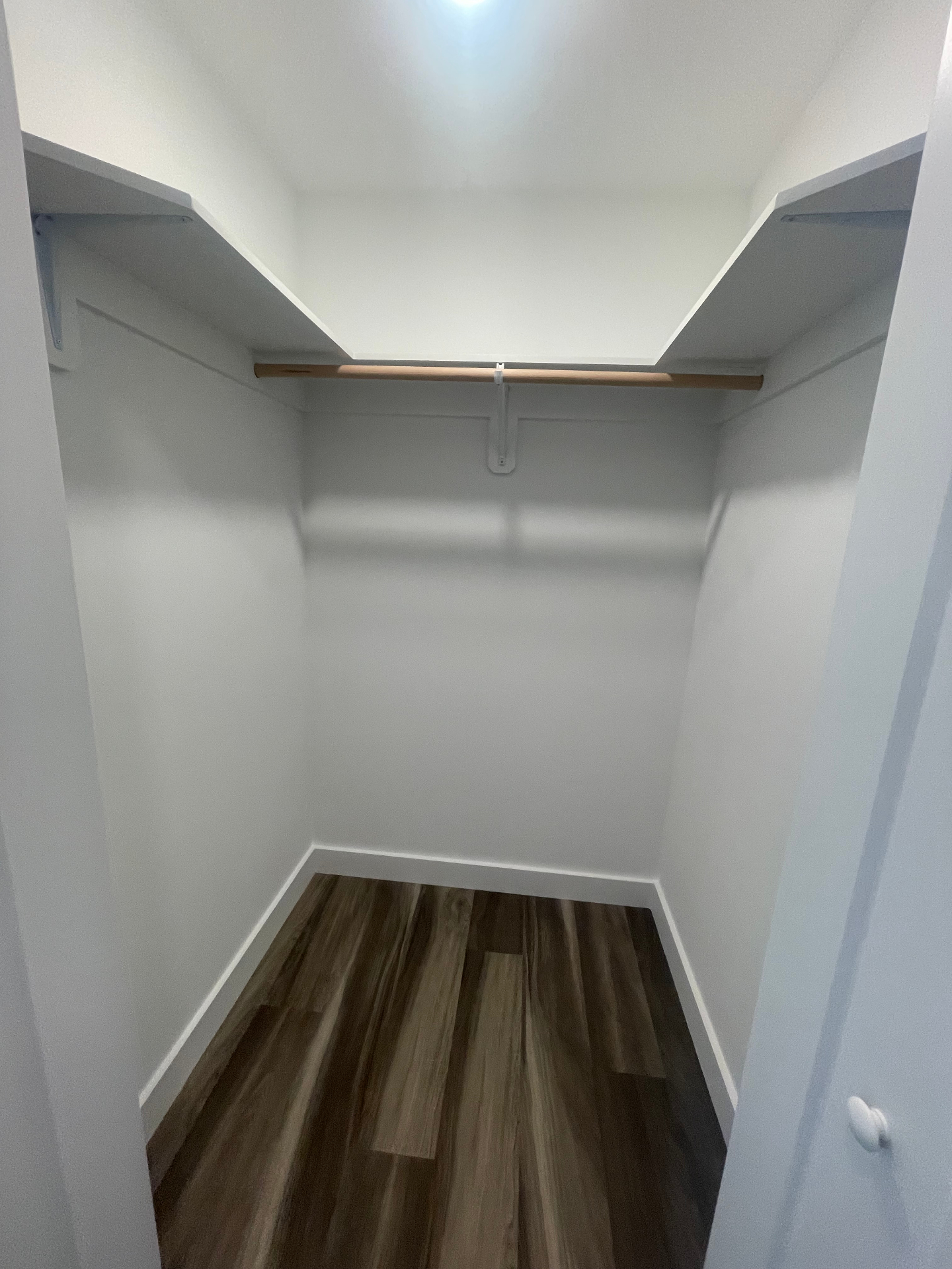 Walk-in bedroom closet with wood hanging rod and painted shelving